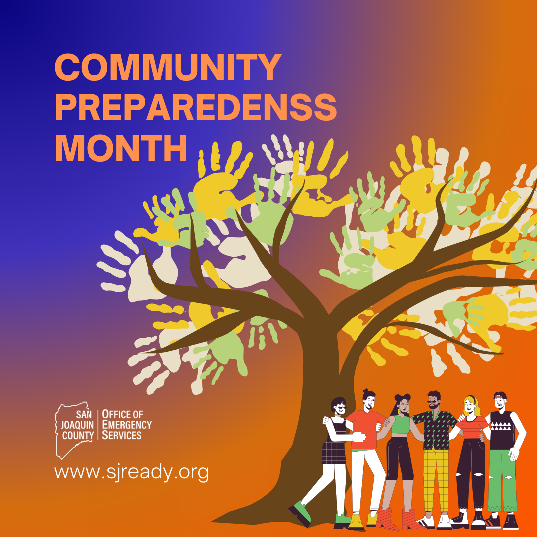 Blue and orange background with an illustration of a diverse group of people standing underneath tree with colorful handprint leaves.