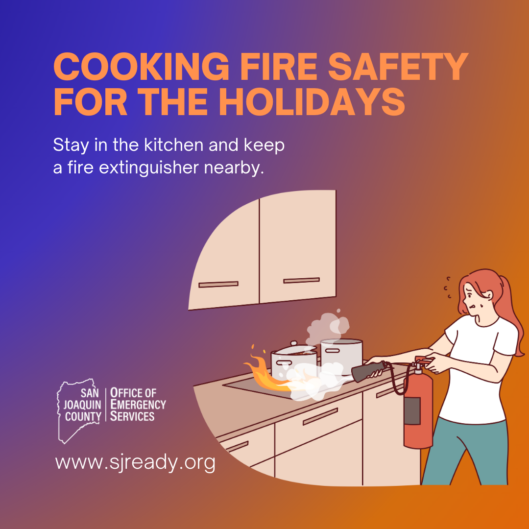 Illustration of a woman putting out a kitchen fire with a fire extinguisher.